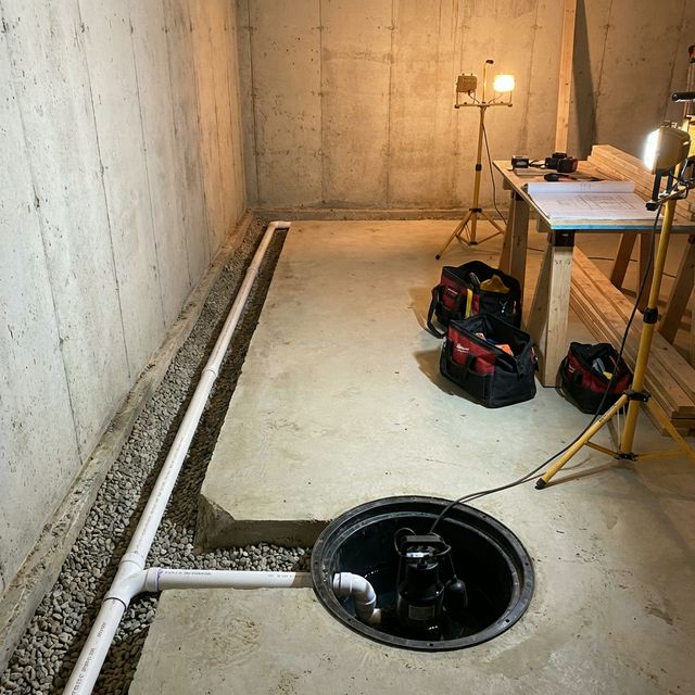 Interior French drain installation along basement perimeter wall with PVC pipe in gravel-filled trench