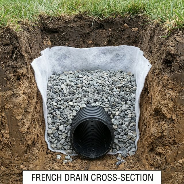 Cross-section of a French drain showing the perforated pipe surrounded by washed gravel and wrapped in geotextile filter fabric