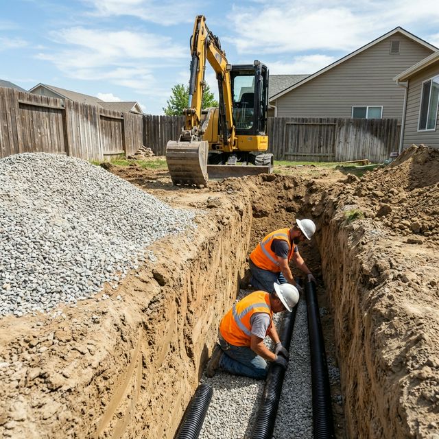 French drain installation in progress with workers in safety vests laying perforated pipe in an excavated trench, excavator and gravel pile in background