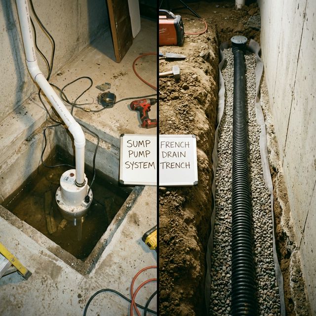 Side-by-side comparison showing a sump pump system installed in a basement pit next to a French drain trench with perforated pipe and gravel