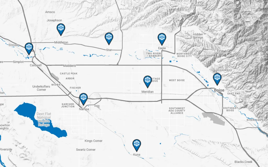 Treasure Valley service area map including Boise, Meridian, Nampa, Caldwell, Eagle, Star, Kuna, and Middleton